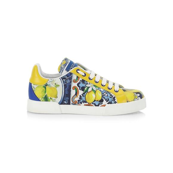Dolce & Gabbana 'Portofino' Yellow Leather Lemon-Print Low-Top Sneakers Size 6 - Picture 1 of 7